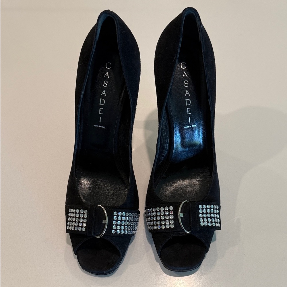 Casadei Black Peep-Toe Heels with Silver Accents